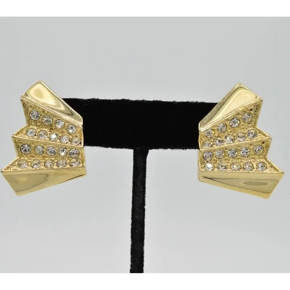 Vintage Crystal Clip On Earrings Gold Tone Sparkling Rhinestone NOS 1980s 9L